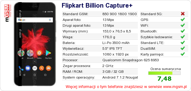 Dane telefonu Flipkart Billion Capture+ Dane telefonu Flipkart Billion Capture+