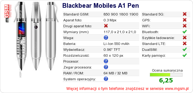 Dane telefonu Blackbear Mobiles A1 Pen