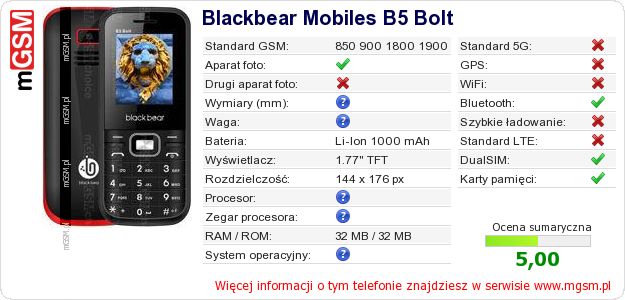 Dane telefonu Blackbear Mobiles B5 Bolt