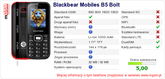 Dane telefonu Blackbear Mobiles B5 Bolt