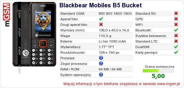 Dane telefonu Blackbear Mobiles B5 Bucket