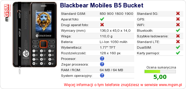 Dane telefonu Blackbear Mobiles B5 Bucket