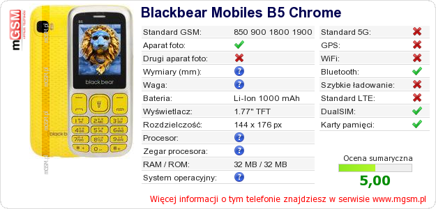 Dane telefonu Blackbear Mobiles B5 Chrome