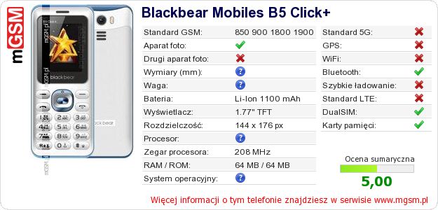 Dane telefonu Blackbear Mobiles B5 Click+