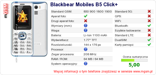 Dane telefonu Blackbear Mobiles B5 Click+