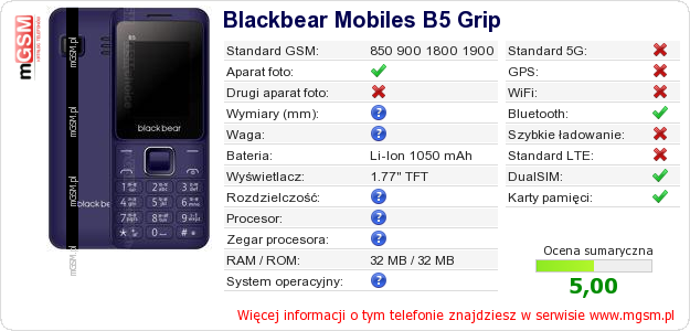 Dane telefonu Blackbear Mobiles B5 Grip