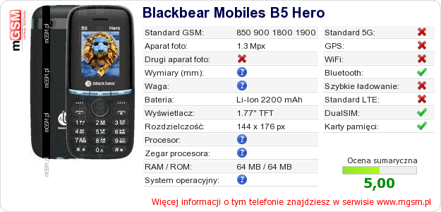 Dane telefonu Blackbear Mobiles B5 Hero