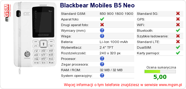 Dane telefonu Blackbear Mobiles B5 Neo