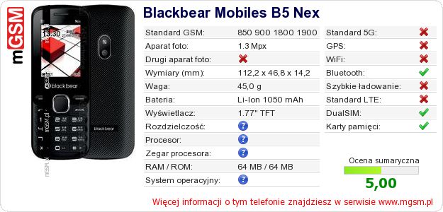 Dane telefonu Blackbear Mobiles B5 Nex