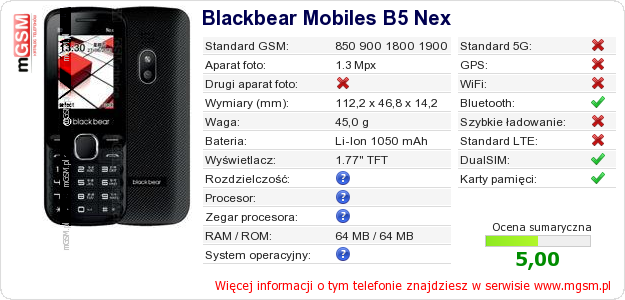 Dane telefonu Blackbear Mobiles B5 Nex Dane telefonu Blackbear Mobiles B5 Nex