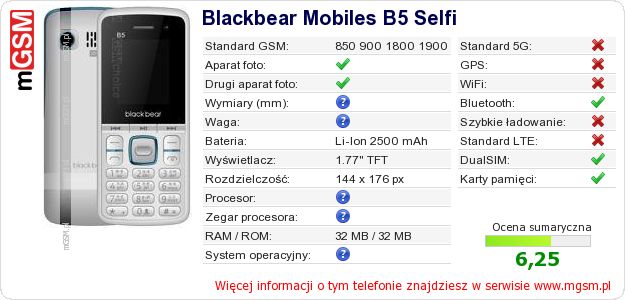 Dane telefonu Blackbear Mobiles B5 Selfi