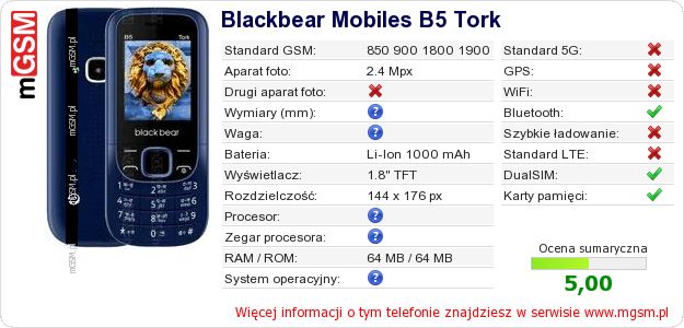 Dane telefonu Blackbear Mobiles B5 Tork