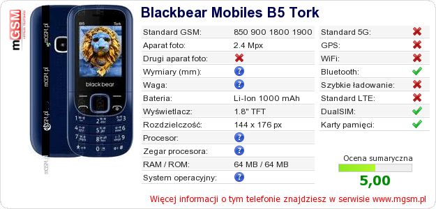 Dane telefonu Blackbear Mobiles B5 Tork Dane telefonu Blackbear Mobiles B5 Tork