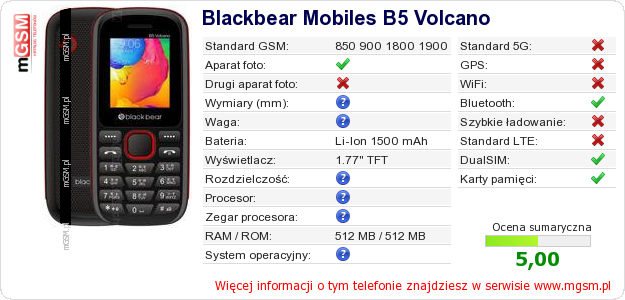 Dane telefonu Blackbear Mobiles B5 Volcano