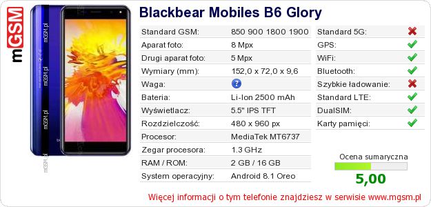 Dane telefonu Blackbear Mobiles B6 Glory Dane telefonu Blackbear Mobiles B6 Glory