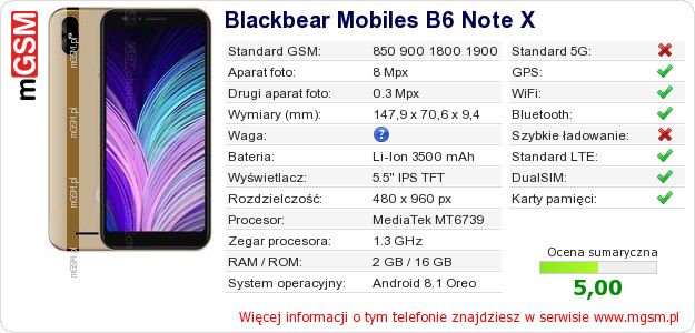 Dane telefonu Blackbear Mobiles B6 Note X