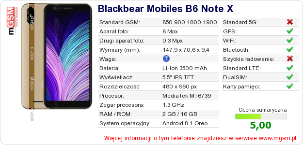Dane telefonu Blackbear Mobiles B6 Note X