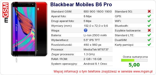 Dane telefonu Blackbear Mobiles B6 Pro