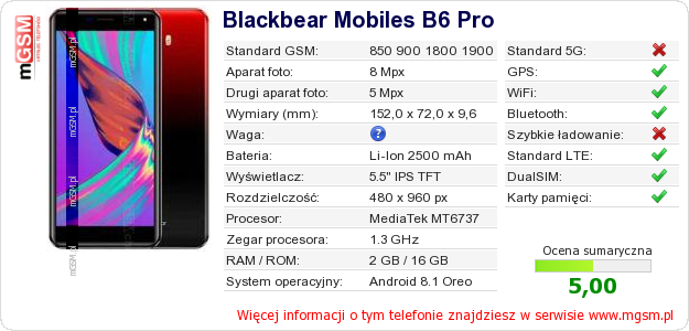 Dane telefonu Blackbear Mobiles B6 Pro