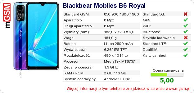 Dane telefonu Blackbear Mobiles B6 Royal Dane telefonu Blackbear Mobiles B6 Royal