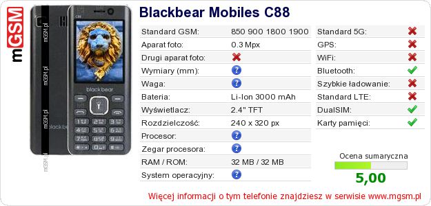 Dane telefonu Blackbear Mobiles C88 Dane telefonu Blackbear Mobiles C88