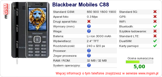 Dane telefonu Blackbear Mobiles C88