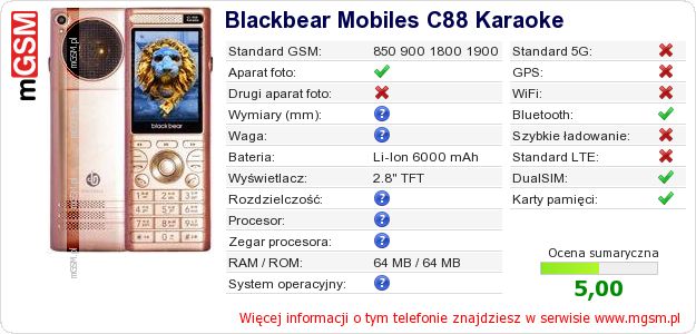 Dane telefonu Blackbear Mobiles C88 Karaoke Dane telefonu Blackbear Mobiles C88 Karaoke