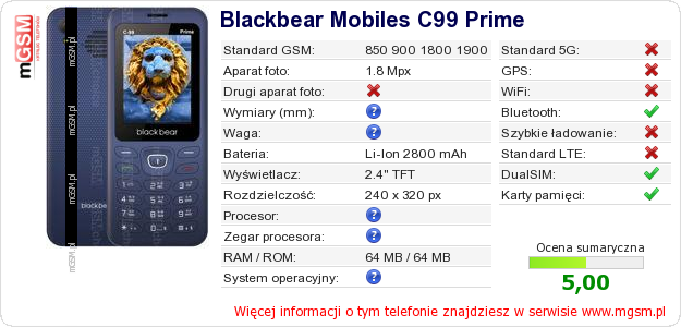 Dane telefonu Blackbear Mobiles C99 Prime