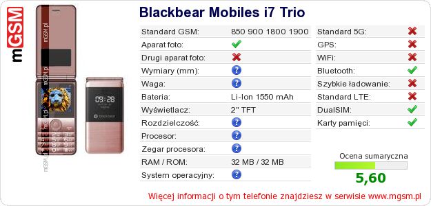 Dane telefonu Blackbear Mobiles i7 Trio