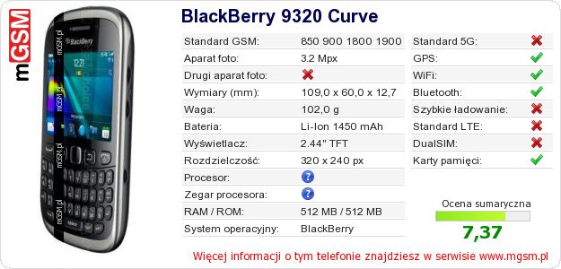 Dane telefonu BlackBerry 9320 Curve Dane telefonu BlackBerry 9320 Curve