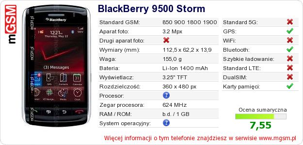 Dane telefonu BlackBerry 9500 Storm