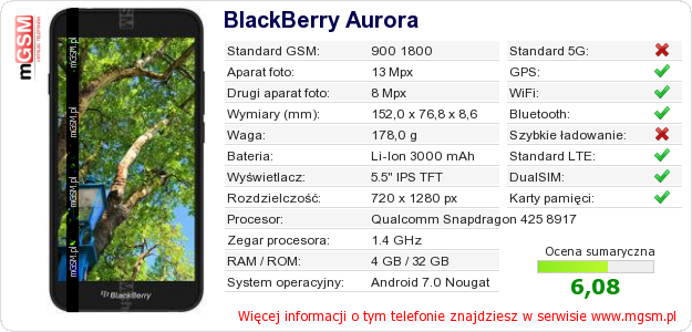 Dane telefonu BlackBerry Aurora Dane telefonu BlackBerry Aurora