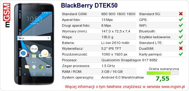 Dane telefonu BlackBerry DTEK50 Dane telefonu BlackBerry DTEK50