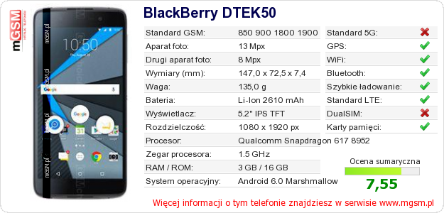 Dane telefonu BlackBerry DTEK50