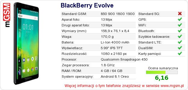 Dane telefonu BlackBerry Evolve Dane telefonu BlackBerry Evolve