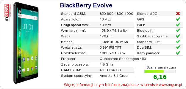 Dane telefonu BlackBerry Evolve
