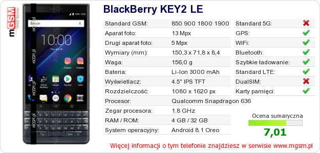Dane telefonu BlackBerry KEY2 LE