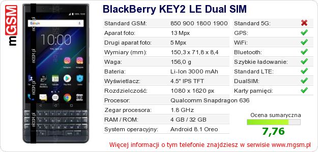 Dane telefonu BlackBerry KEY2 LE Dual SIM Dane telefonu BlackBerry KEY2 LE Dual SIM