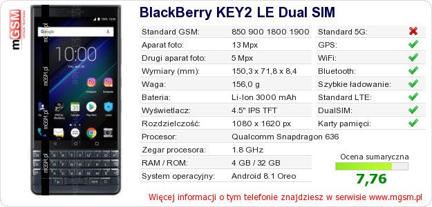 Dane telefonu BlackBerry KEY2 LE Dual SIM