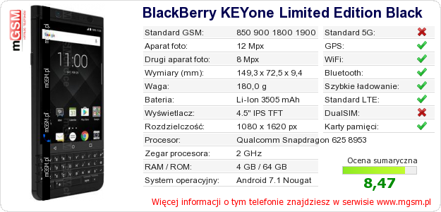Dane telefonu BlackBerry KEYone Limited Edition Black