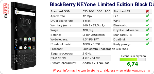 Dane telefonu BlackBerry KEYone Limited Edition Black Dual SIM