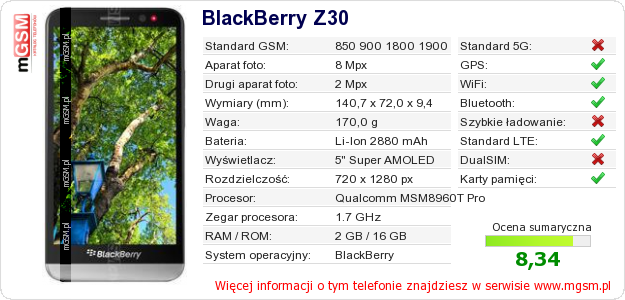 Dane telefonu BlackBerry Z30