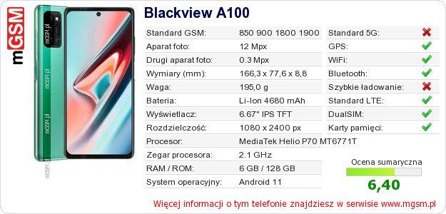 Dane telefonu Blackview A100
