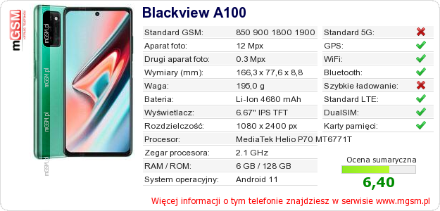 Dane telefonu Blackview A100