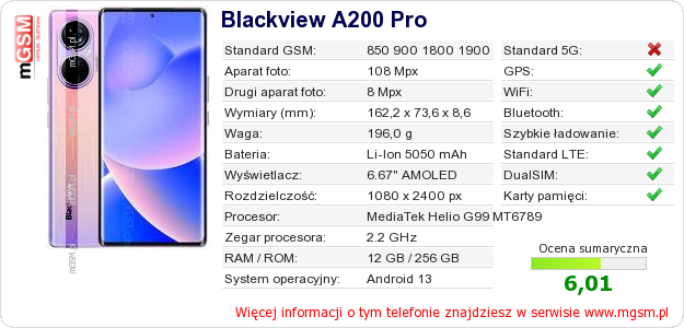 Dane telefonu Blackview A200 Pro Dane telefonu Blackview A200 Pro