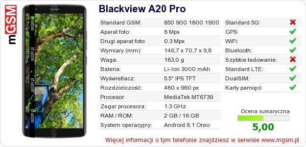 Dane telefonu Blackview A20 Pro