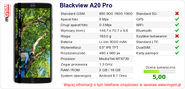 Dane telefonu Blackview A20 Pro