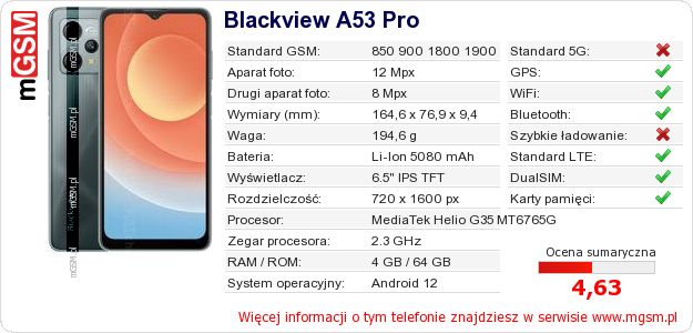 Dane telefonu Blackview A53 Pro Dane telefonu Blackview A53 Pro