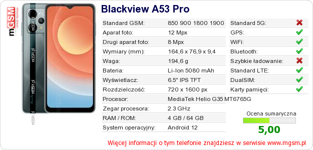 Dane telefonu Blackview A53 Pro