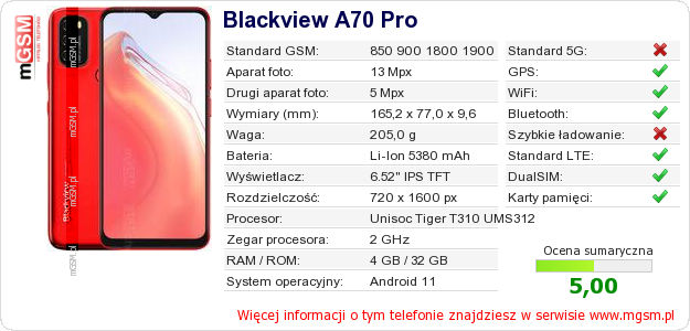 Dane telefonu Blackview A70 Pro Dane telefonu Blackview A70 Pro